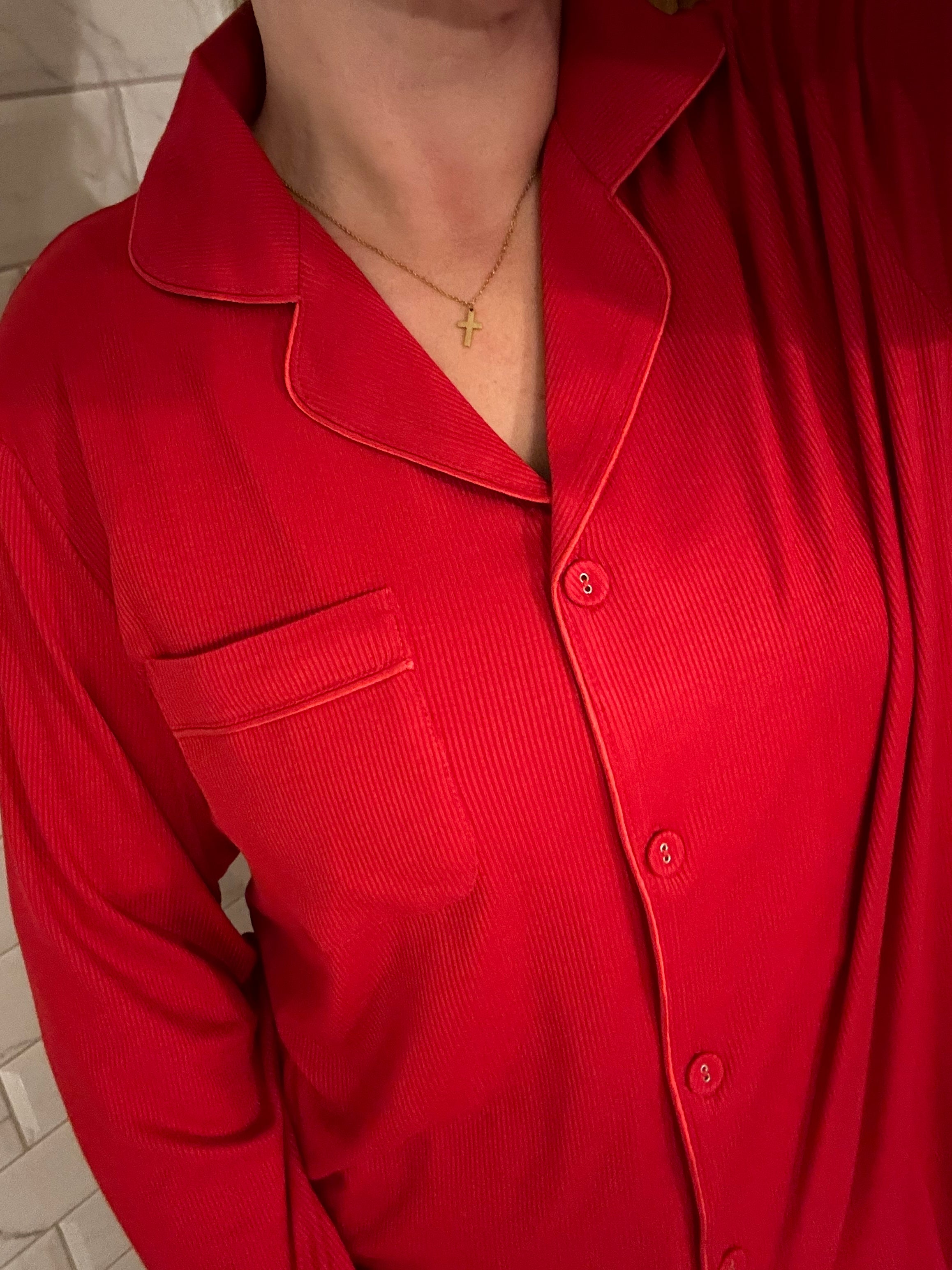 Long Rib Rayon Slouch Pyjamas- Red