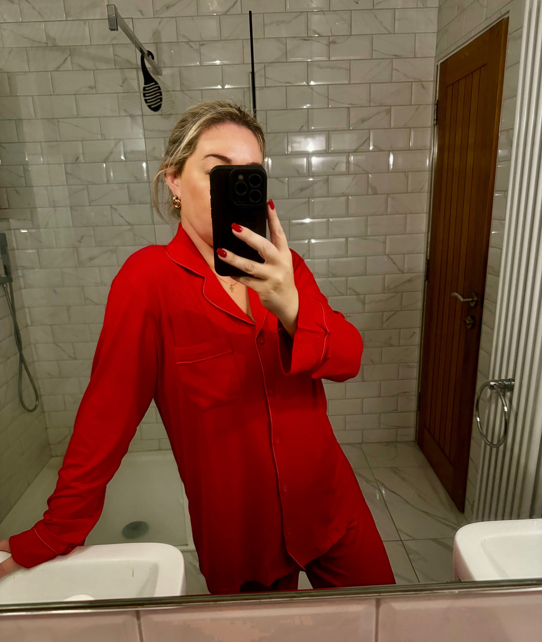 Long Rib Rayon Slouch Pyjamas- Red
