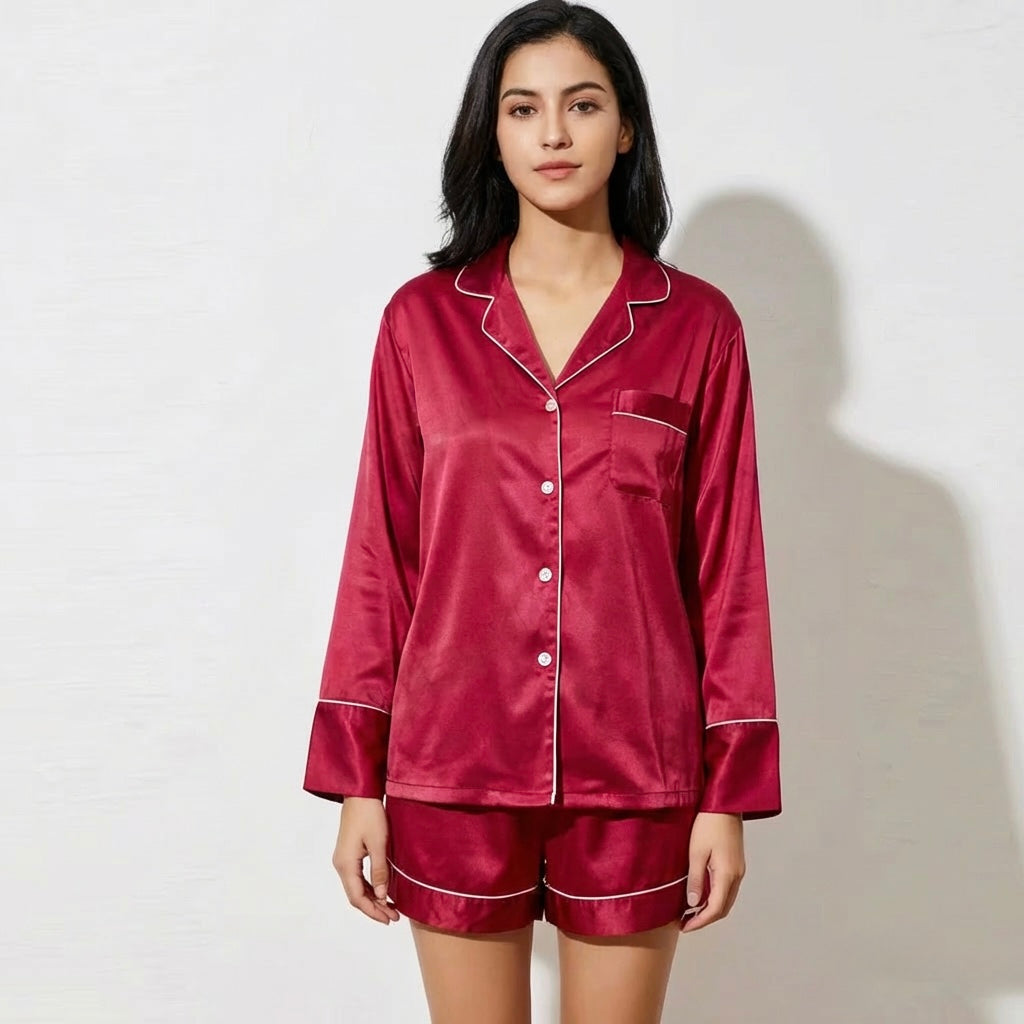 Long Sleeved Shorty Satin Pjs - Burgundy
