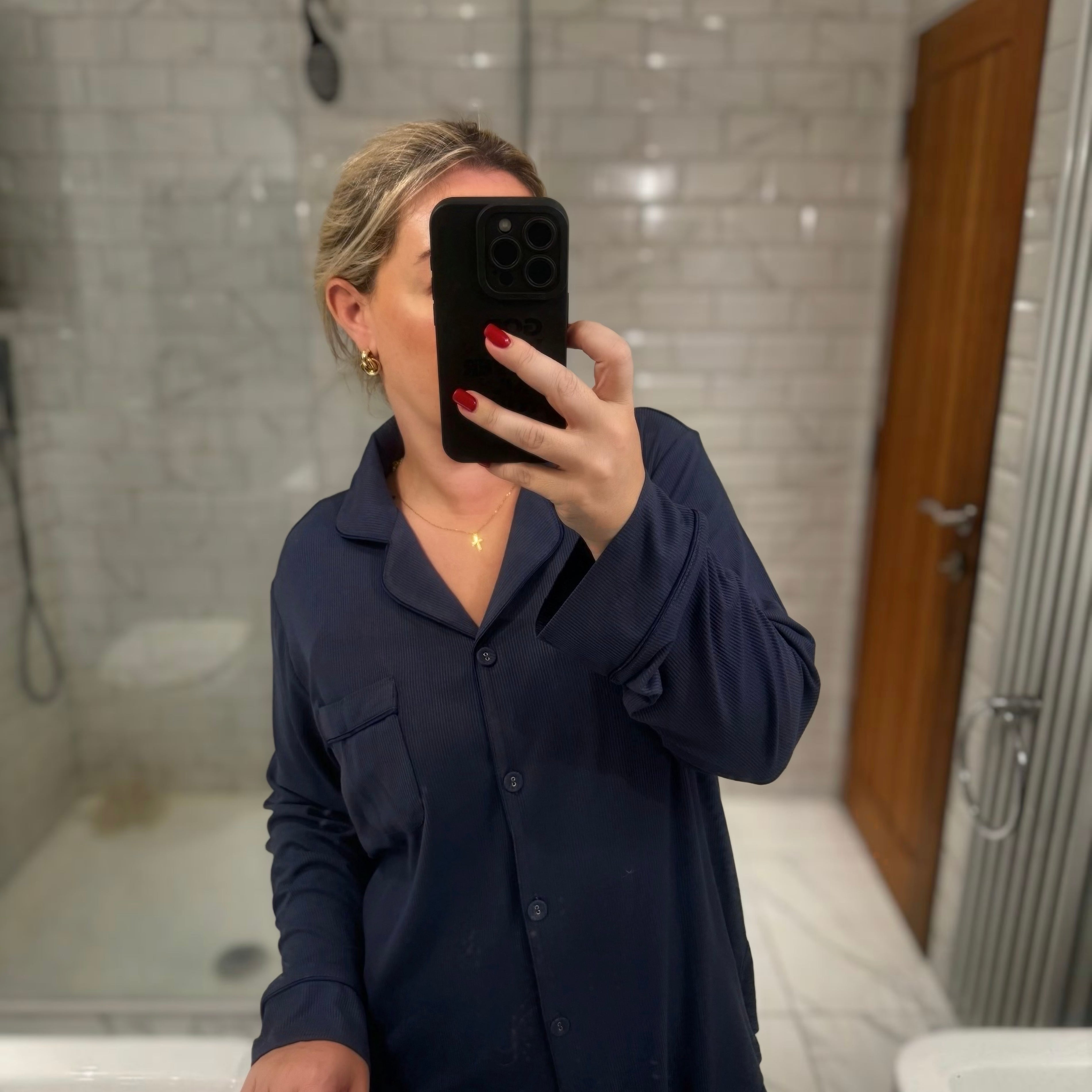 Long Rib Rayon Slouch Pyjamas- Navy