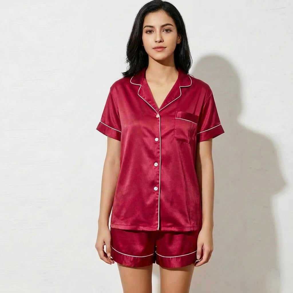 Satin Shorty Pyjamas - Burgundy