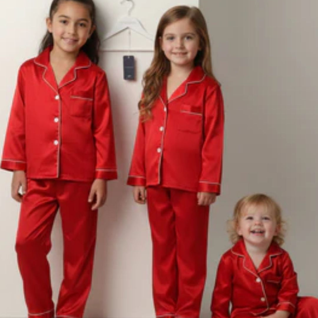 Kids Long Satin Pyjamas - Red