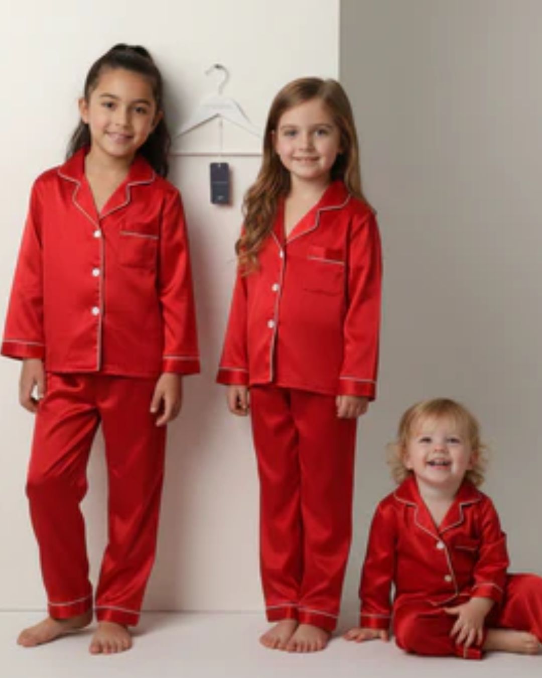 Kids Long Satin Pyjamas - Red