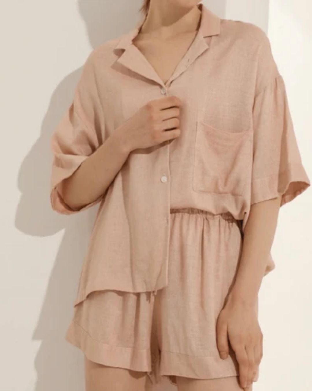 Linen Blend Loungewear Shorts & Shirt Co-ord - Sand