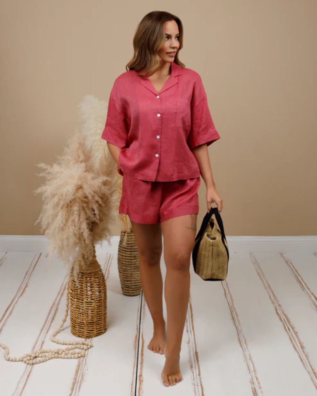 Linen Blend Shorts & Shirt Co-ord - Rosy