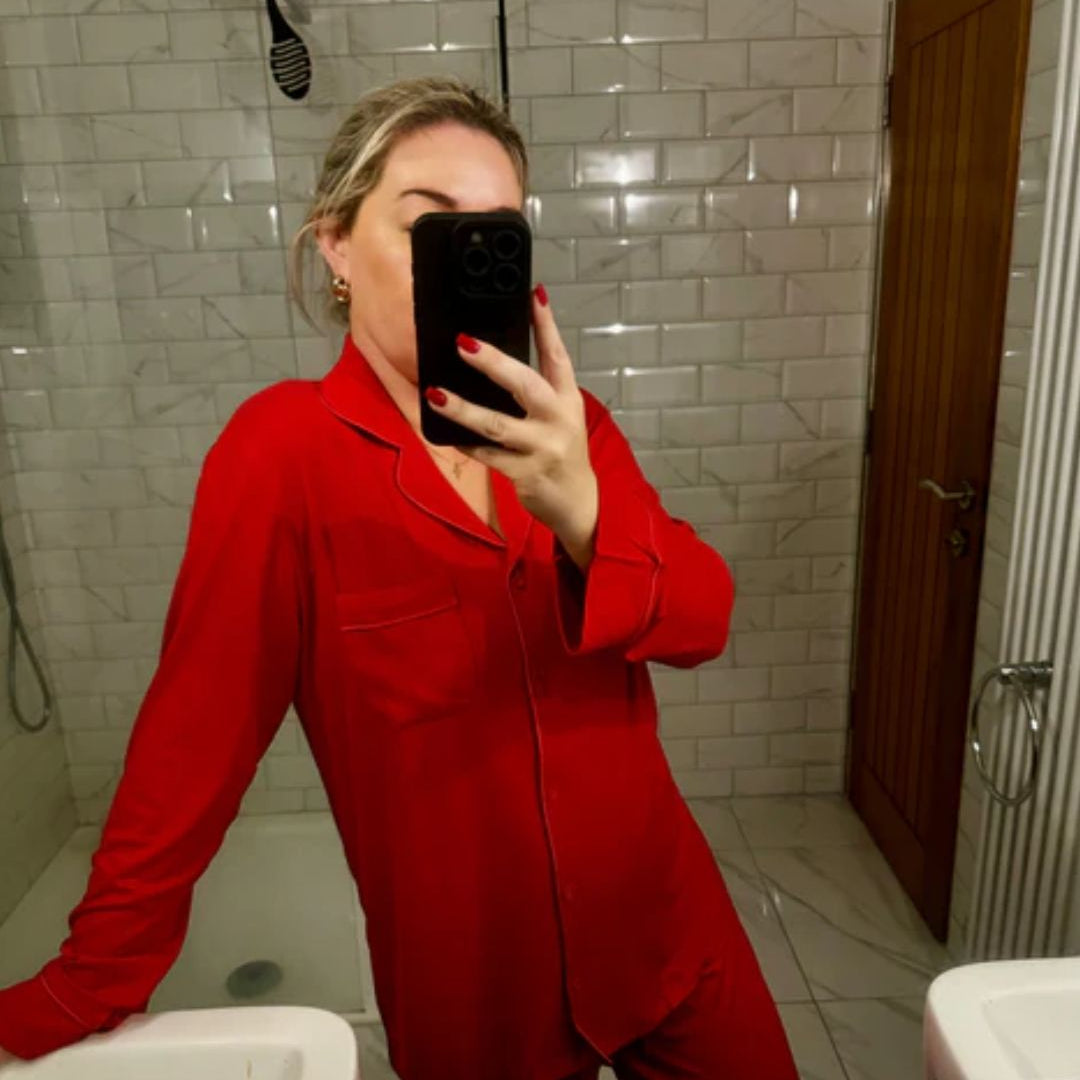 Long Rib Rayon Slouch Pyjamas- Red