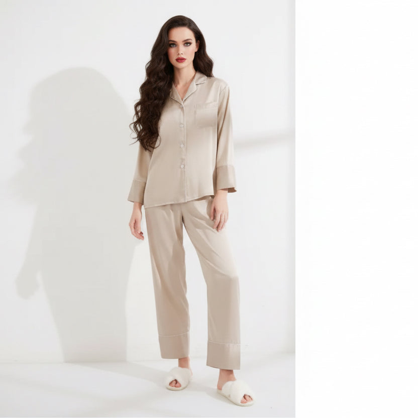 Long Satin Pyjamas - Oatmeal
