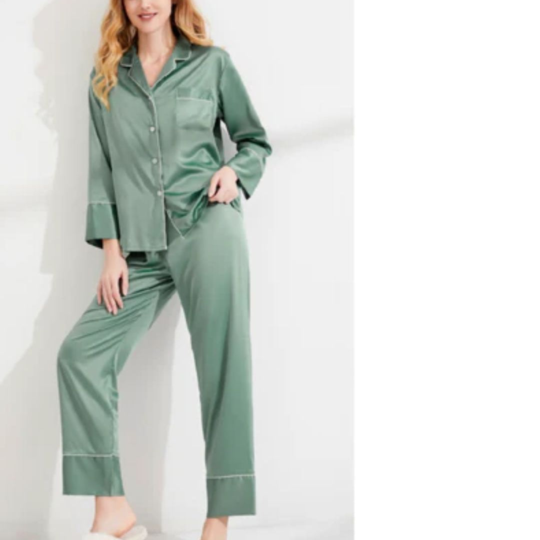 Long Satin Pyjamas - Sage