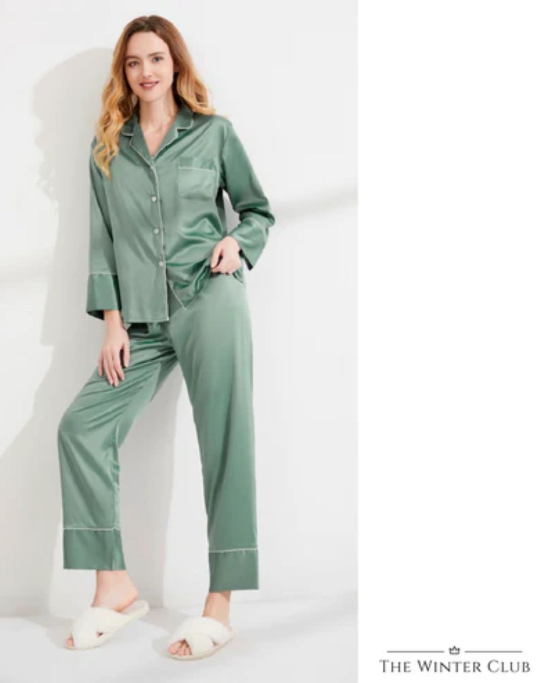 Long Satin Pyjamas - Sage
