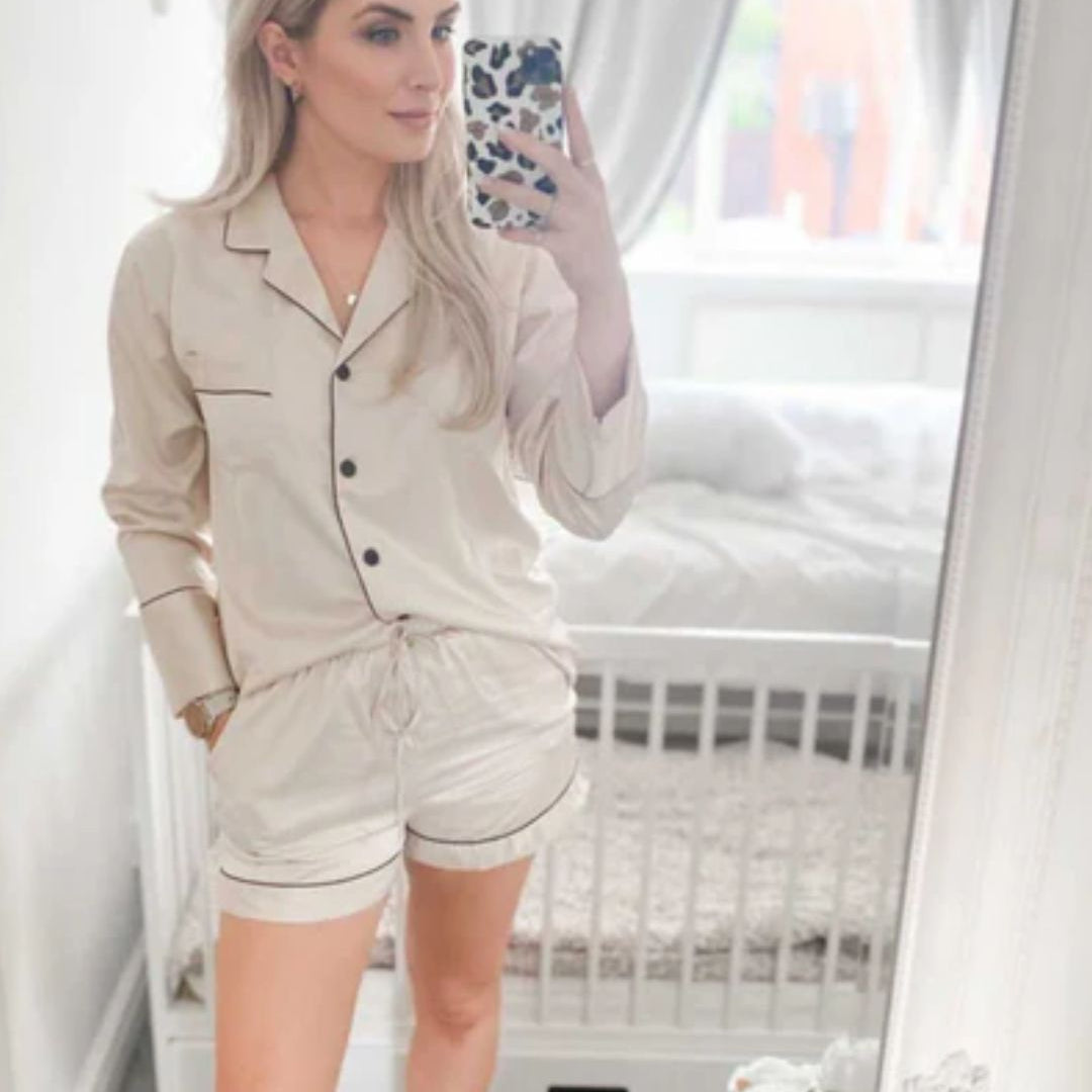 Long Sleeved Shorty Satin Pjs - Champagne
