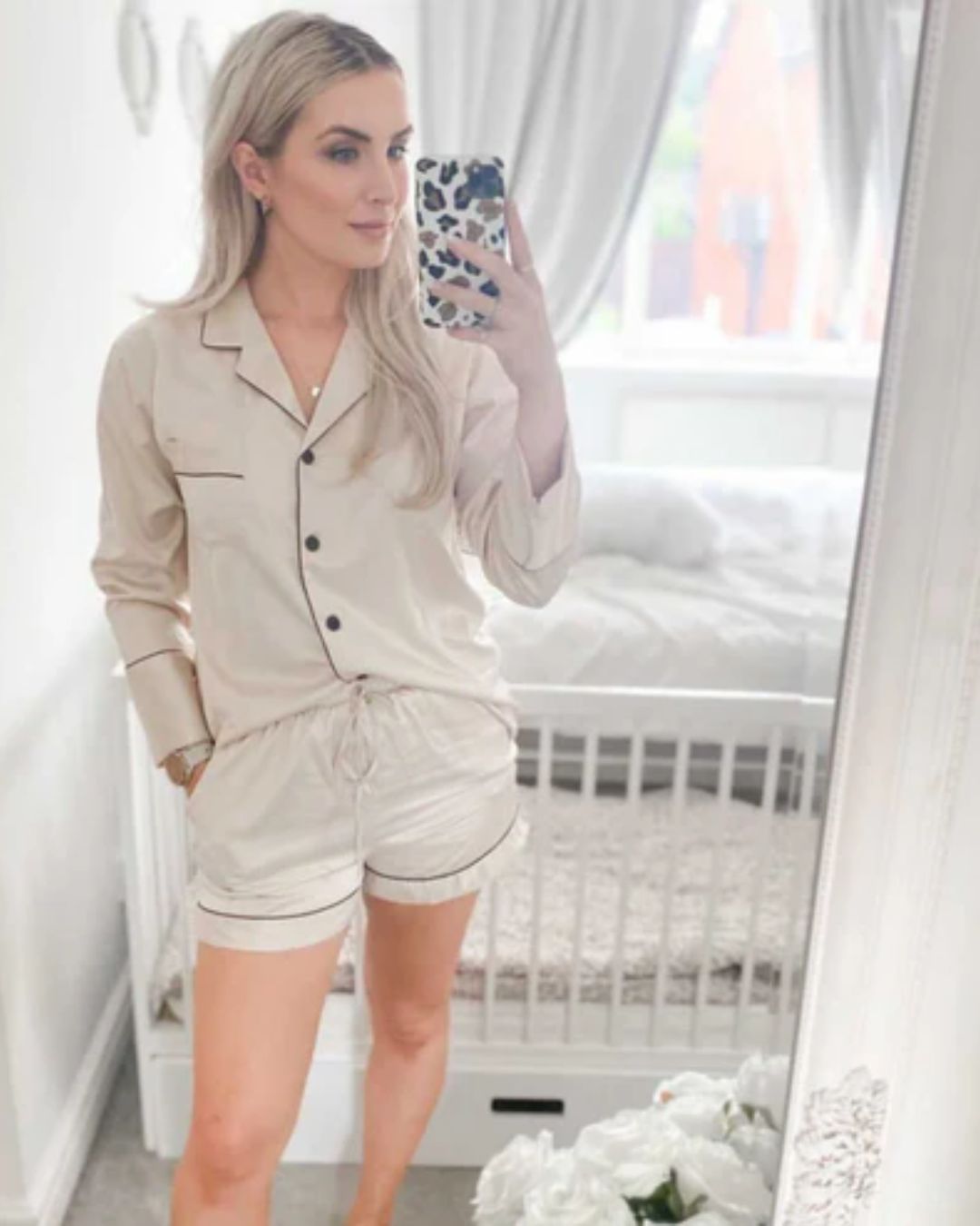 Long Sleeved Shorty Satin Pjs - Champagne