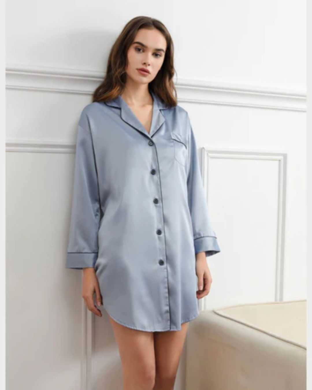 Satin Night Shirt - Sky Blue