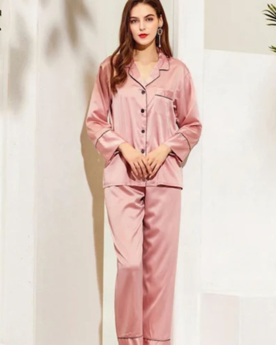 Long Satin Pyjamas - Rose Pink