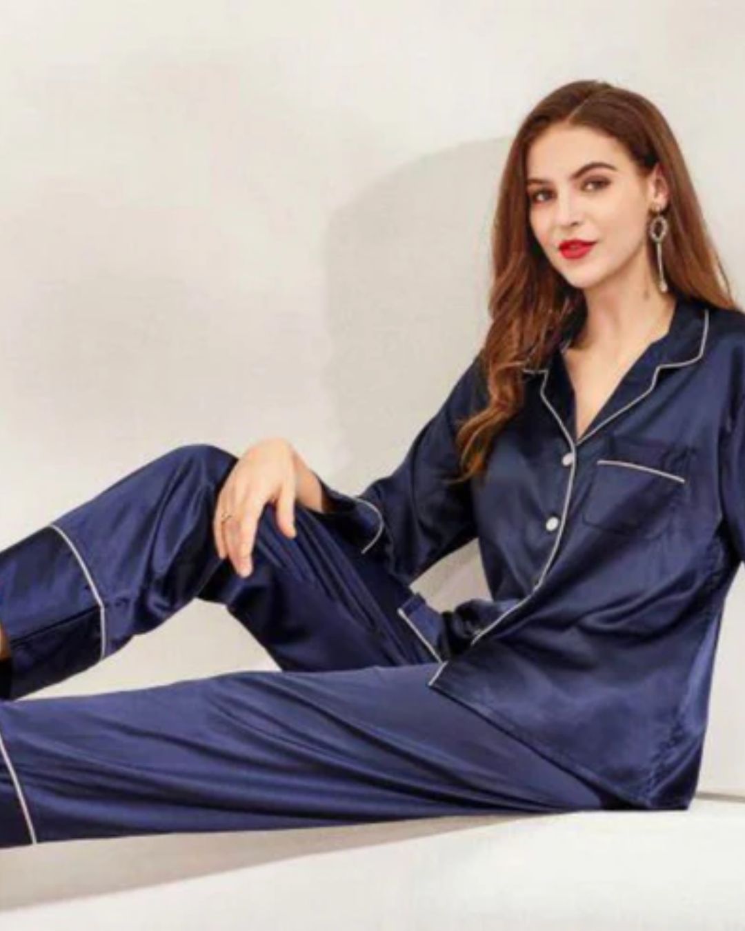 Long Satin Pyjamas - Navy