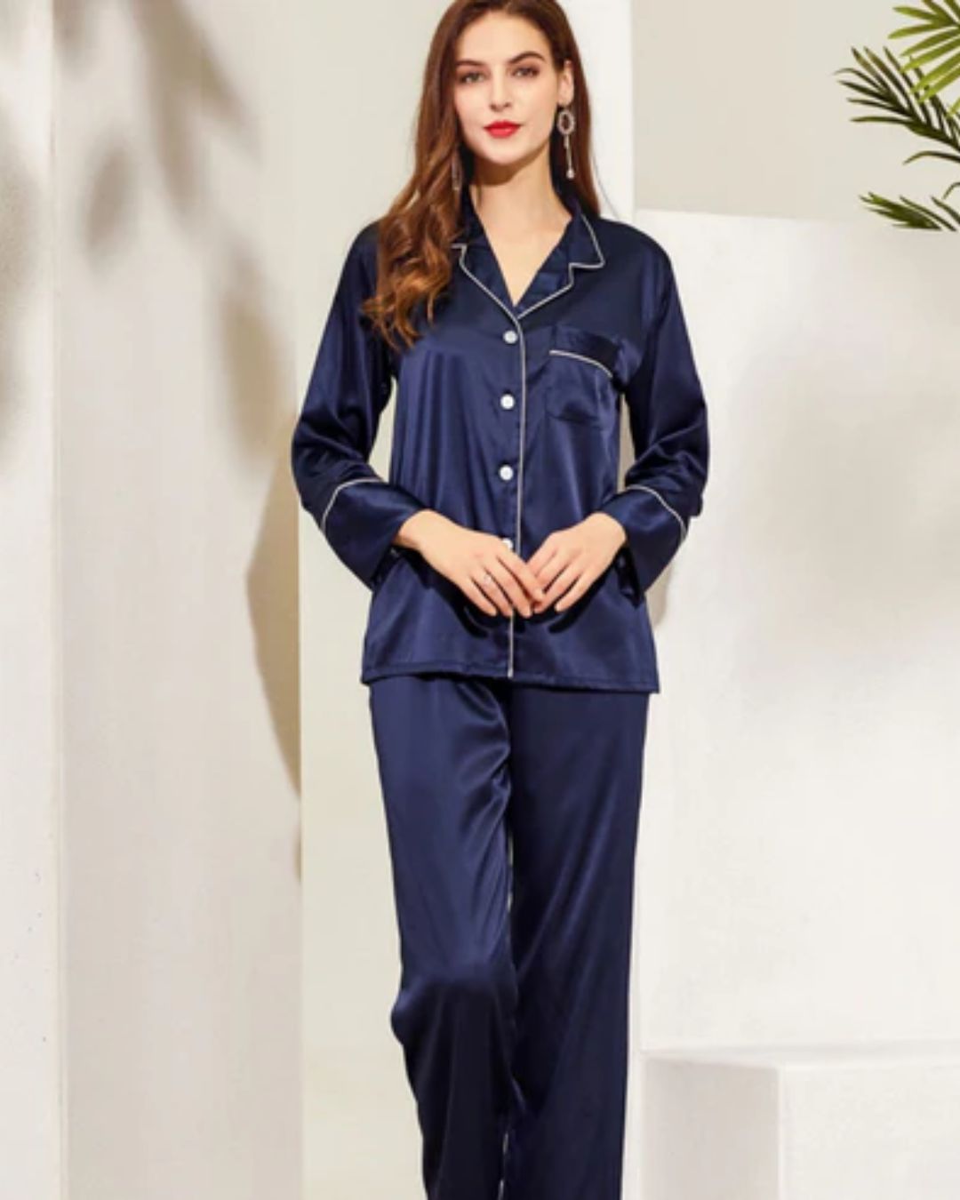 Long Satin Pyjamas - Navy