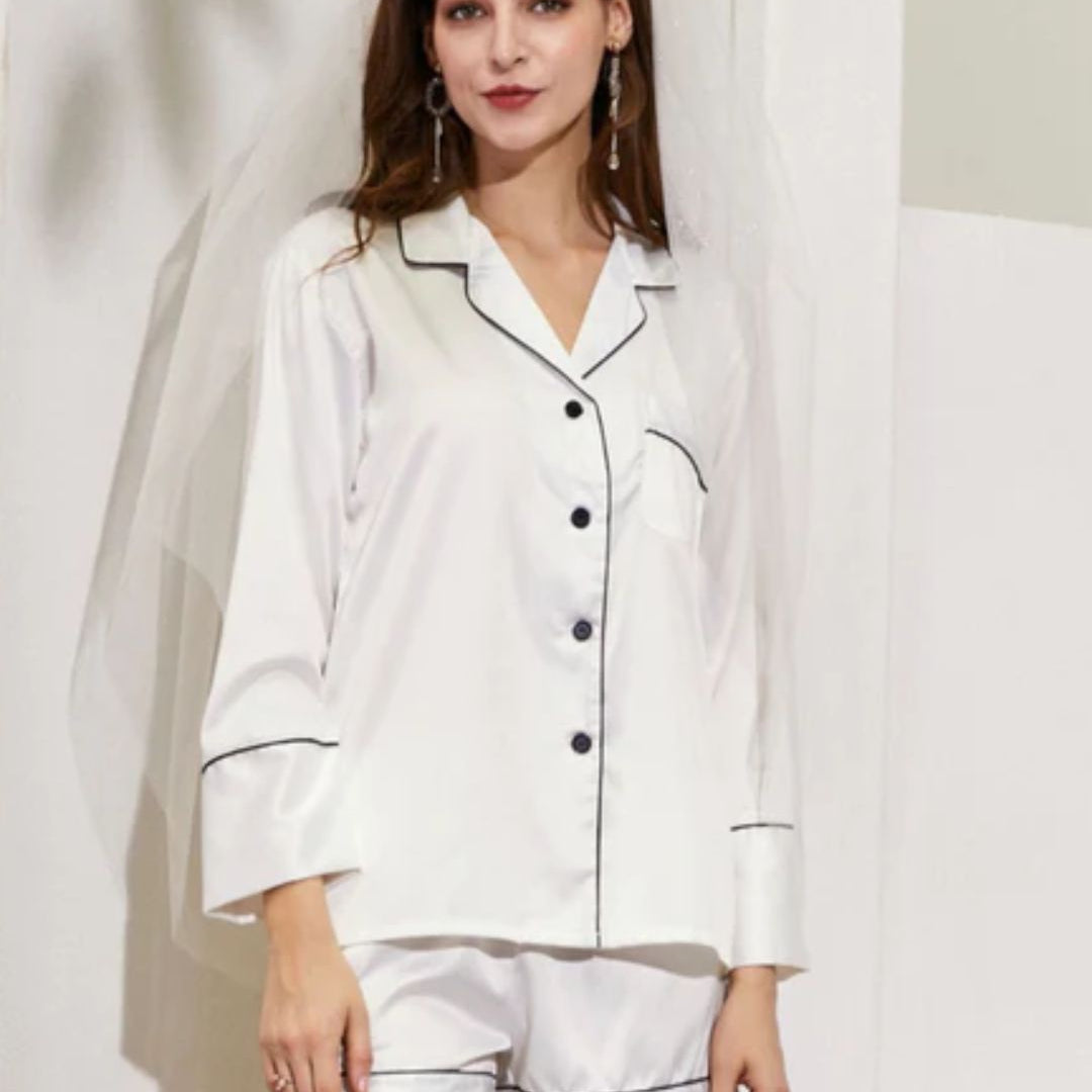 Long Sleeved Shorty Satin Pjs - White