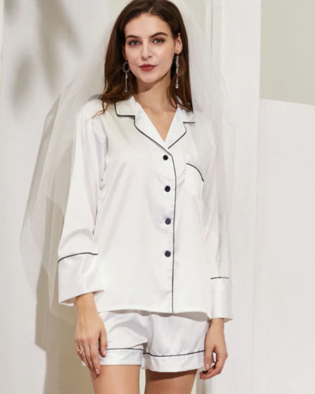 Long Sleeved Shorty Satin Pjs - White