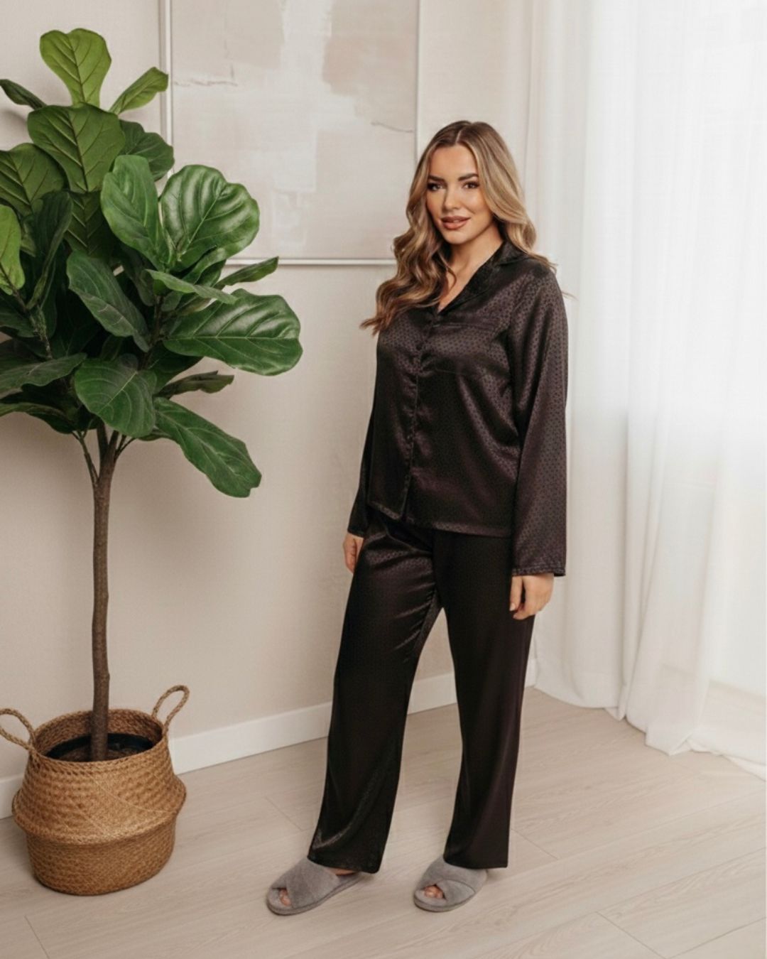 Long Satin Pyjamas - Black