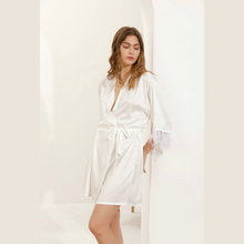 Load image into Gallery viewer, Satin Cami Pyjamas &amp; Feather Robe Set - White
