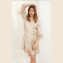 Load image into Gallery viewer, Satin Cami Pyjamas &amp; Feather Robe Set - Champagne
