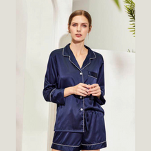 Load image into Gallery viewer, Navy Long Sleeved Shorty Satin Pjs 

