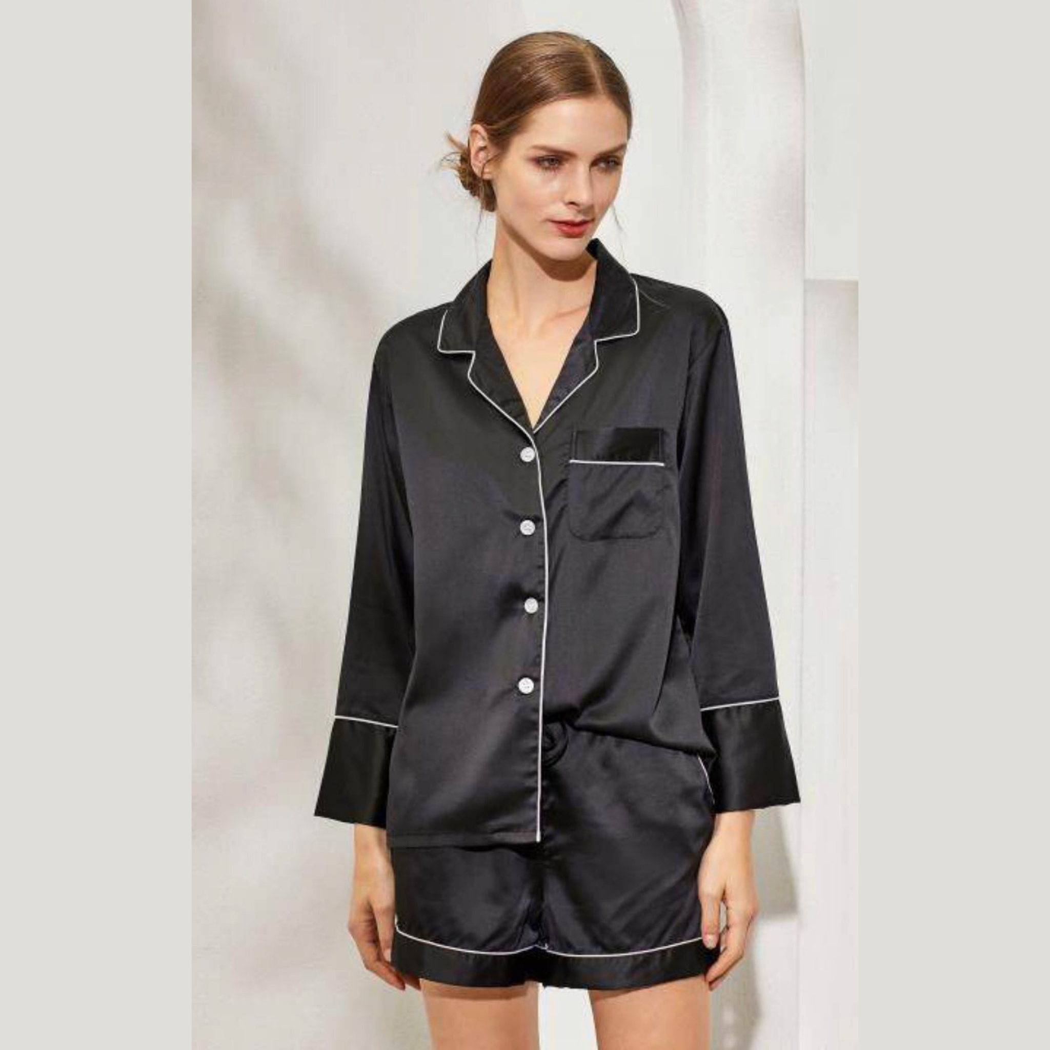 black Long Sleeved Shorty Satin Pjs 