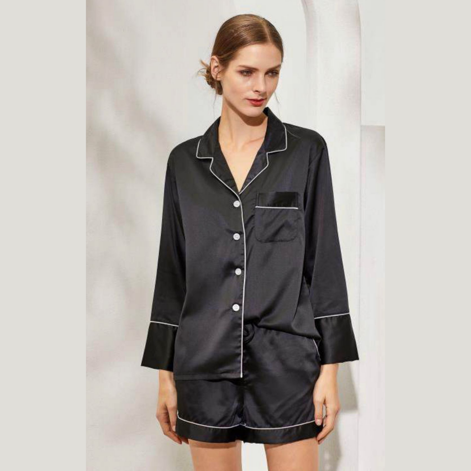 black Long Sleeved Shorty Satin Pjs 