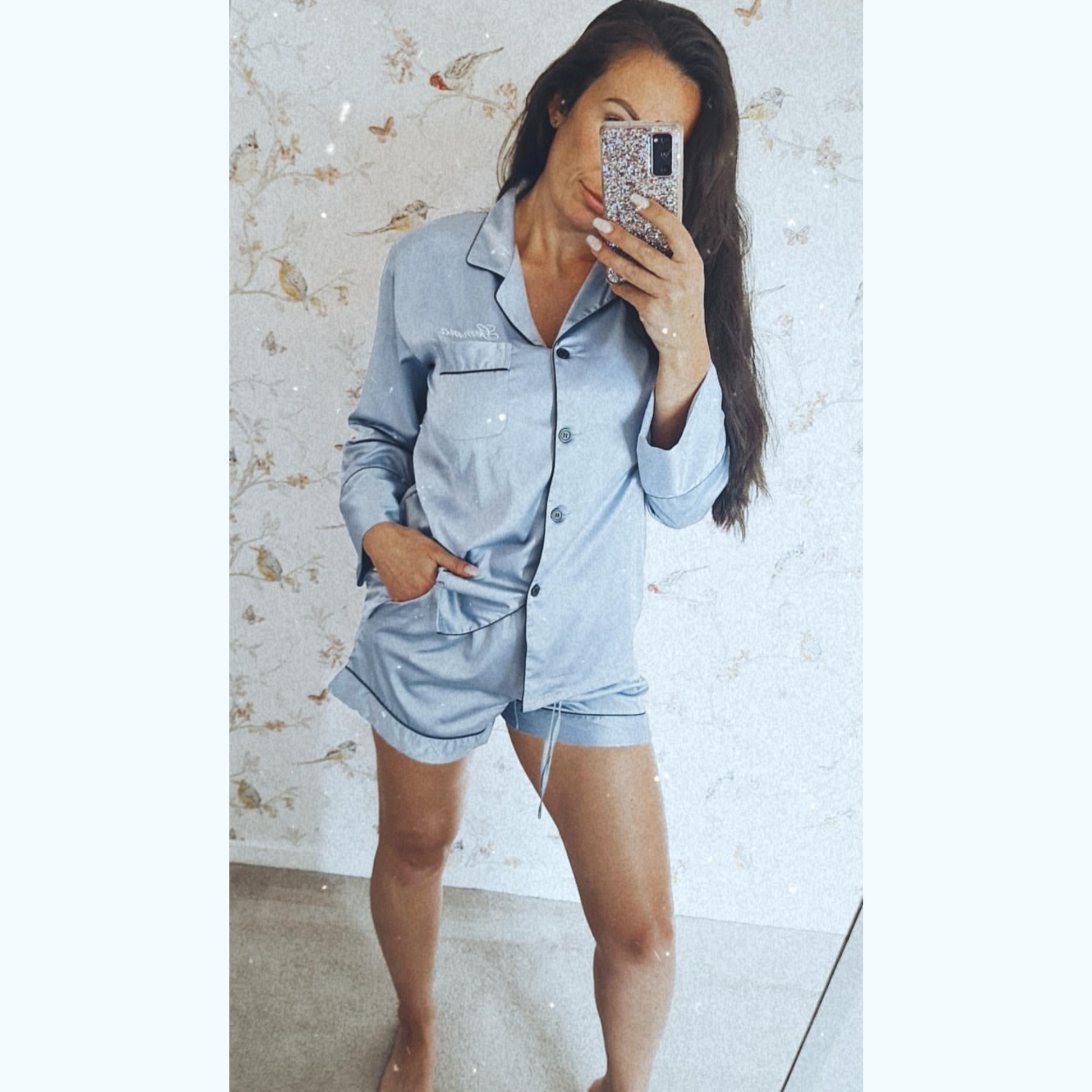 Long Sleeved Shorty Satin Pjs - Sky Blue